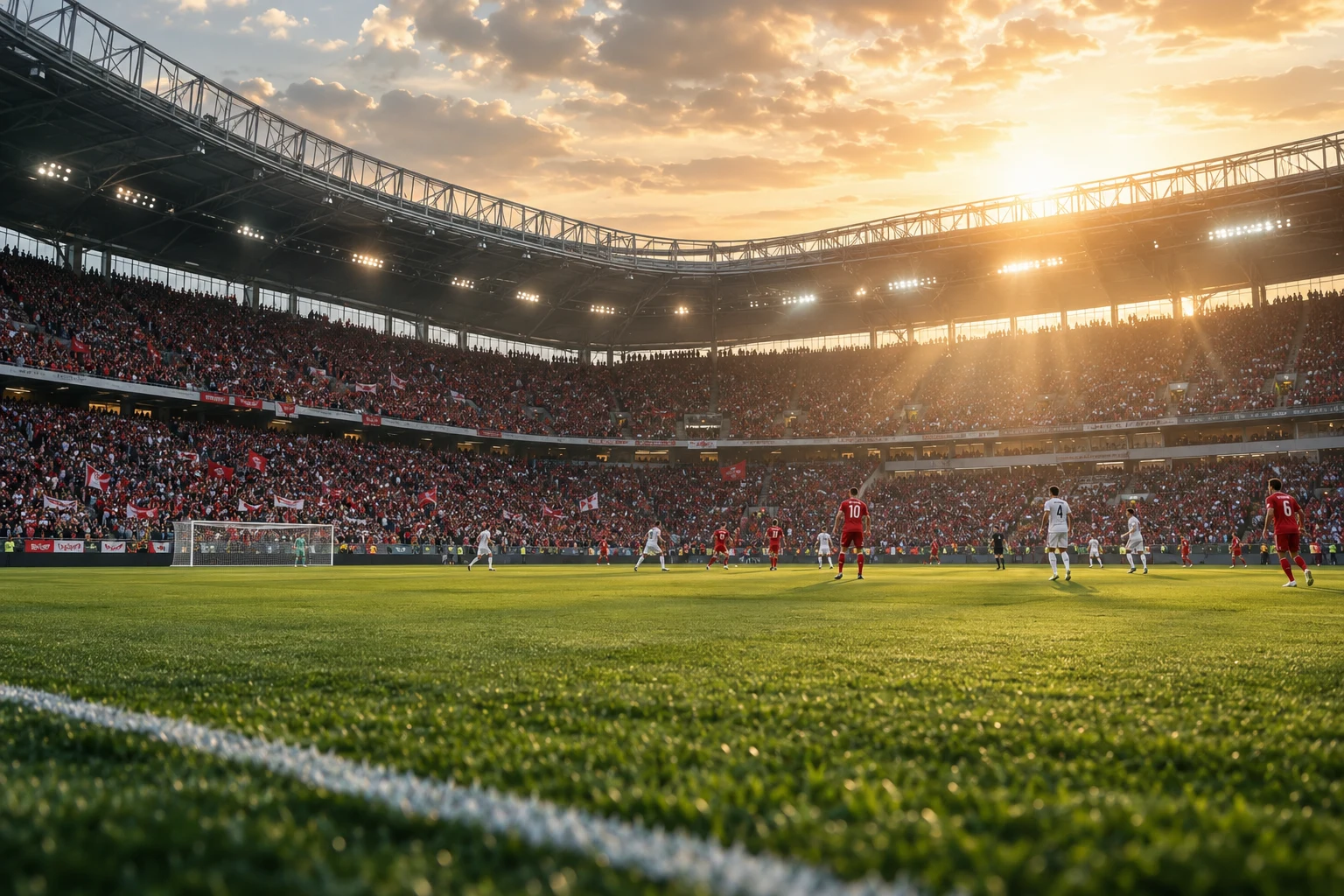 A packed football stadium under the lights